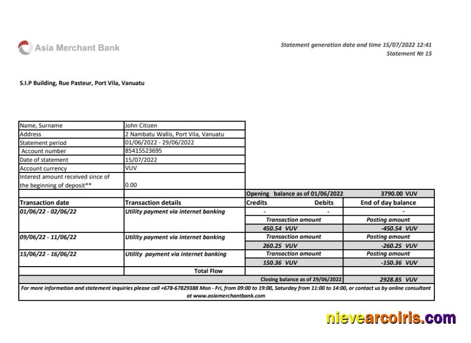 Vanuatu Asia Merchant bank statement